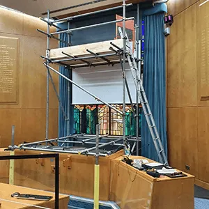 inside building showing scaffolding